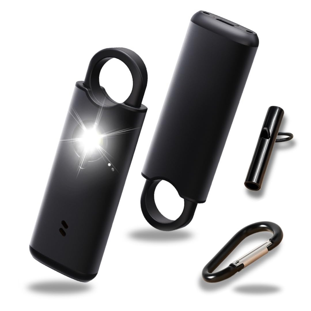 VOLTEK Kit de alarma personal (negro) - Llavero de autodefensa para mujer - Sirena de 135 dB + silbato de emergencia - Recargable por USB-C, cuerpo de metal y pestillo seguro, mini alarma de seguridad