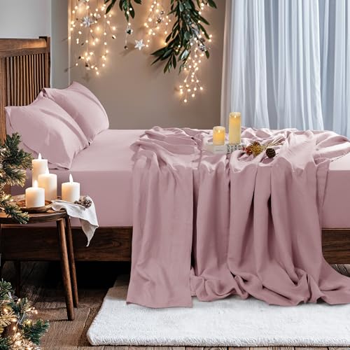 Image of 100% Pure Linen Sheet Set for Hot Sleepers, Breathable Natural Linen Sheets 4pcs, Bedding Set Deep Pocket Up to 16 inch Moisture-Wicking, Softens with Every Wash (Embroidery Purple Full)