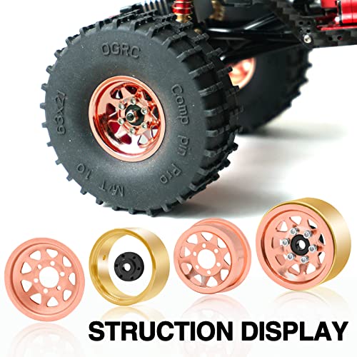 Image of OGRC 1.0 RC Wheel Rims with Brass Rings Deep Dish Wheel Rims 1.0 Beadlock Wheels for 1 /18 TRX4M 1 /24 SCX24 C10 JLU Deadbolt Gladiator Bronco Crawler Car (Rose Gold)