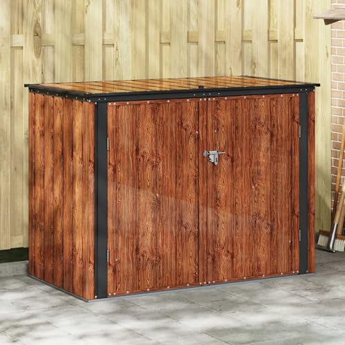 IKAYAA Armario Exterior con Cerradura Cobertizo de Jardín Exterior 151,5 x 82 x 110,5 cm Caseta de Jardín Exterior Metálica para Almacenamiento de Herramientas para Patio Terraza Marrón