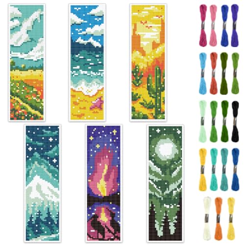 INFUNLY 6pcs Scenery Cross Stitch Bookmark Kit DIY Beach Stamped Embroidery Bookmark Kits 8x2.4 Mountain Needlepoint Bookmark Kit with Instruction Aurora Easy Cross Stitch Kits for Adults Beginners