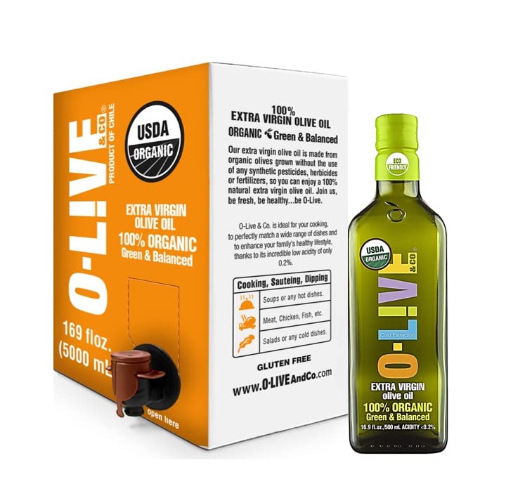 Aceite de oliva virgen extra orgánico 100% O-live & Co. Bolsa en caja de 169 onzas líquidas (5 litros) + botella de vidrio de 16.9 onzas líquidas