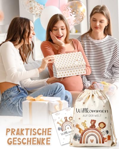 XL Geburt Geschenktüten aus Canvas, Geschenk zur Geburt Junge Mädchen Schwangere Werdende, Regenbogen-Tiere Geschenktasche mit Glückwunschkarte - Willkommen AUF DER WELT
