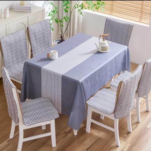 Image of HOMETHREADS Premium Cotton Chair Cover Set | Soft & Comfortable Seat Covers with Anti-Skid Non-Slip Backing + Waterproof Dining Table Cover (150x240 cm) Blue Box, 8 Chair Covers + 1 Table Cover