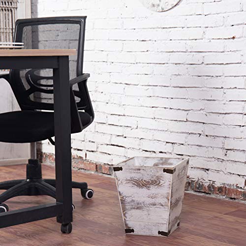 Mygift 12 Inch Shabby White Washed Solid Wood Small Wastebasket With Tapered Bottom And Decorative Metal Brackets, Home Office Trash Bins #TOP2