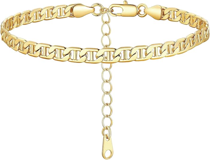 Image of FOCALOOK 14K Gold Plated Anklets for Women Waterproof Plus Size Ankle Bracelet 8.5-10.5 Inch Adjustable Mariner /Figaro /Flat Snake /Cuban Link Chain Anklet Jewelry for Summer Beach Holiday