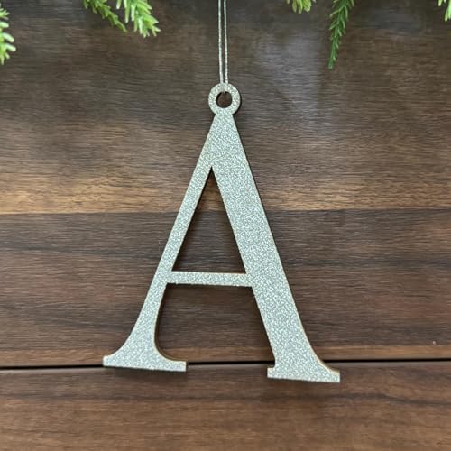 Pxniy Silver Monogram Christmas Ornament, 4.8 x 3.5 inch Wooden Initial Letter, Holiday Tree Decoration and Stocking Tag (A)