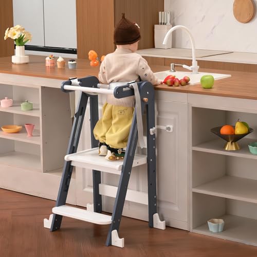 Image of Kids Kitchen Step Stool, Foldable Toddler Tower, Height Adjustable Toddler Standing Tower with Safty Rail and Anti-Slip Device, Wooden Stool for 1.5-6 Years(Sky Blue White)