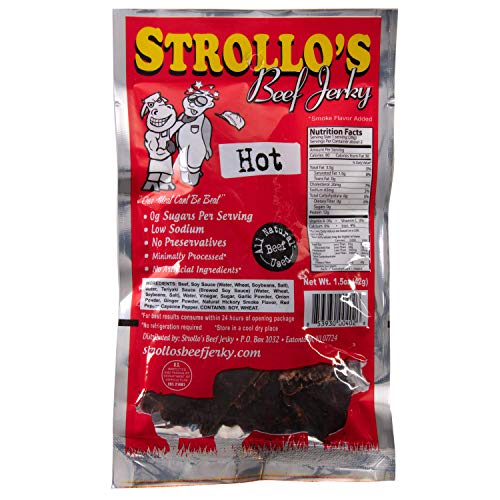 Strollo's Beef Jerky Hot Original Flavor 1 Pack - Low Sodium, Low Sugar, Low Carb - Made with All Natural USA Beef, USDA Certified