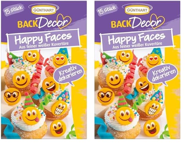 Günthart BackDecor | 15 Happy Faces | aus weißer Schokolade | Tortenaufleger | fröhliche Gesichter | unterschiedliche Motive (Packung mit 2)