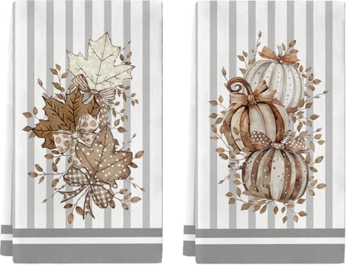 Thanksgiving Kitchen Towels Set of 2, Fall Kitchen Towels Clearance Pumpkin, Fall Dish Towels for Kitchen, Terry Cloth Kitchen Towels for Drying Dishes (Grey, 24 * 16")