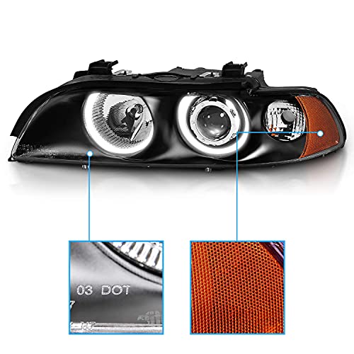 Amerilite Projector Replacement Halogen Headlights Dual Led Halo Set For 97-03 Bmw 5 Series E39 Sedan - Passenger And Driver Side, Vehicle Light Assembly, Black #TOP4