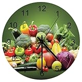 LITINGZHILONG Vegetable and Fruit-Themed Circular Clock, Illustrations of Healthy, Natural and Delicious Food, Green Food Display, Wall Clock Made of Wood and Silent 12x12INCH