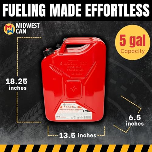 Midwest Can 5810 Jerry Can Auto Shut Off 5 Gallon Metal Gas Can – Durable Fuel Containers with FlameShield Safety System & Quick-Flow Spout - 4 Pack