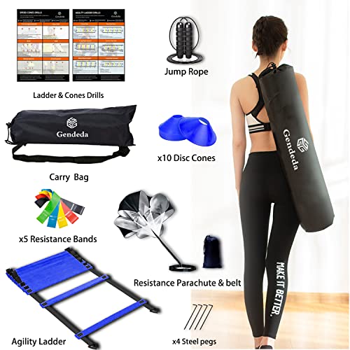 Gendeda Speed Agility Training Set, Includes Agility Ladder, Jump Rope, Resistance Parachute, 5 Resistance Bands, 10 Cones, Speed Training Equipment For Soccer Football (Blue) #TOP7