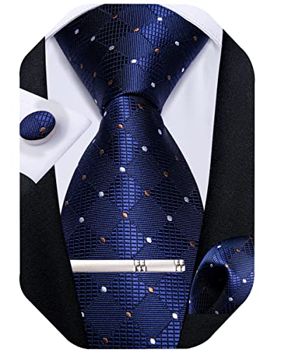 Image of DiBanGu Plaid Ties for Men Silk Checkered Necktie and Pocket Square Cufflinks Tie Clip Set with Gift Box for Wedding Business