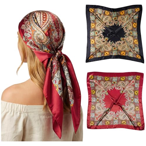 Rbenxia 2 Pcs Large Satin Head Scarf for Women Silk Bandana Fashion Head Wrap Pirate Costume Accessories 35.4 Inches (red black 35.4 In)
