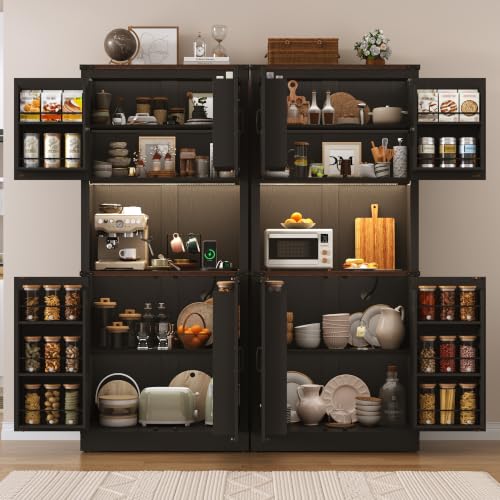 Image of 72 inch Tall Farmhouse Kitchen Pantry Cabinet with LED Light and Power Outlet,Modern Farmhouse Kitchen Storage Cabinet w Load-Bearing Steel Pipe,Barn Doors, Organizer,Food Pantry Cabinets(2PC Black)