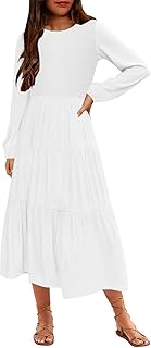 Girls Boho Midi Dress Puff Long Sleeve Crew Neck High Waist Smocked Tiered Casual Long Dress with Pockets