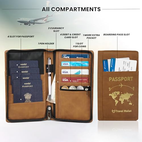 Image of Storite RFID Blocking PU Leather Passport Holder, 23x14x3 Cm Brown | Cover Case, Travel Wallet, Document Organiser, Removable Hand Strap, For Men & Women