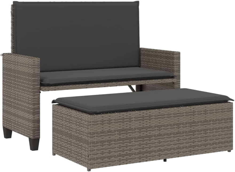 vidaXL Patio Bench with Cushions and Footstool, Garden Bench Seat, Outdoor Loveseat, Park Bench, Patio Furniture, Modern Style, Gray Poly Rattan