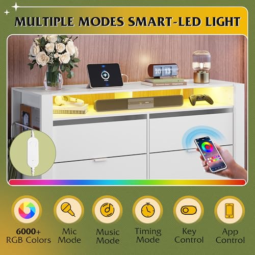 Image of WLIVE 6 Drawer Led Dresser for Bedroom, 51 inch White Wood Dresser Storage Organizer with Charging Station for 55 inch TV, Dressers with Open Shelves, Hanging Rack, Chest of Drawers for Closet, Living Room