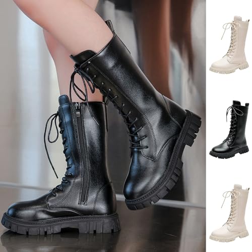 Girls Lace Up Riding Boots Mid Calf Combat Boots PU Leather Side Zipper Punk Goth Boot Non Slip Dress Shoes for Litter Kid Big Kid 4-12 Years4