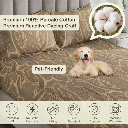 Image of Paisley Floral Percale Sheets Full Size Deep Pocket, Brown-Green | 100% Cotton Flower Print Boho Sheet Set, Beige Patterned Shabby Chic Bed Sheets, Luxury Designer Bedding, Soft Crisp, 4Pcs