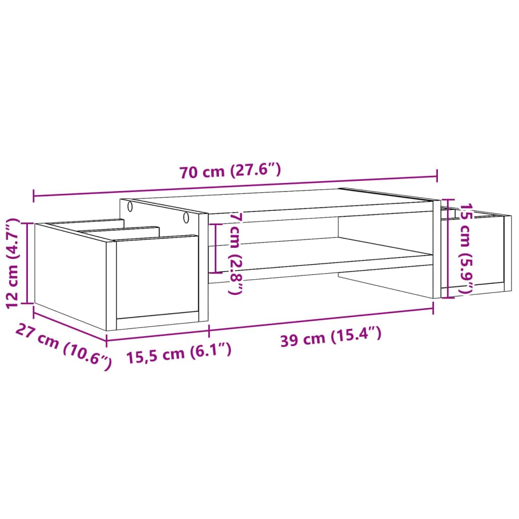 Supporto per monitor con vano portaoggetti, effetto rovere, 70 x 27 x 15 cm, in legno, 4 scomparti, scrivania per ufficio e home office, ergonomico per monitor e laptop