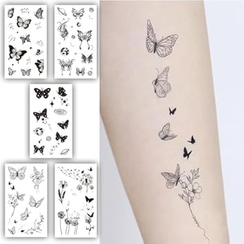 Butterfly Temporary Tattoo Stencil Sheets, 5 Sheets with Floral and Butterfly Designs, Black and White 10.5 * 6cm