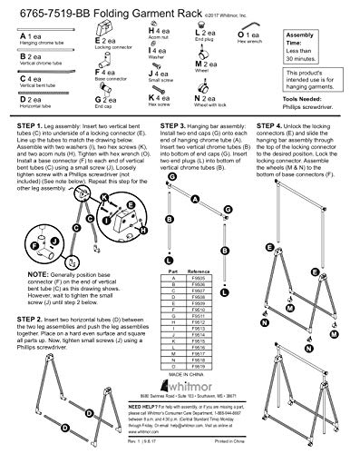Whitmor Foldable Garment Rack - Rolling Clothes Hanger - Adjustable Height