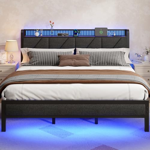 Image of Furnulem King Size Bed Frame with Headboard, LED Light and Charging Station, Metal Platform Bed with Heavy Duty Slats, No Box Spring Needed, Noise Free & Easy Assembly