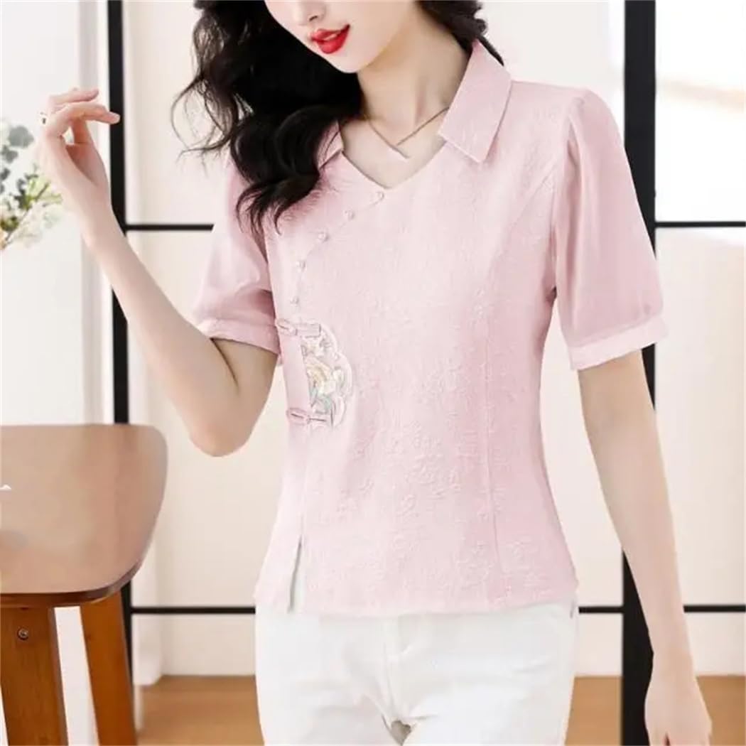 Chemisier en mousseline de soie boutonnée à manches courtes pour femme Style national d'été brodé Top