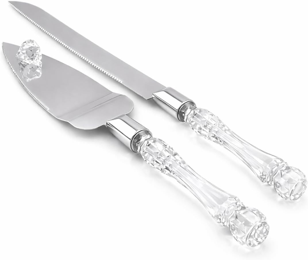 Adorox Elegant Cake Knife & Server Set - Stainless Steel with Faux Crystal Handle for Weddings, Anniversaries & Celebrations