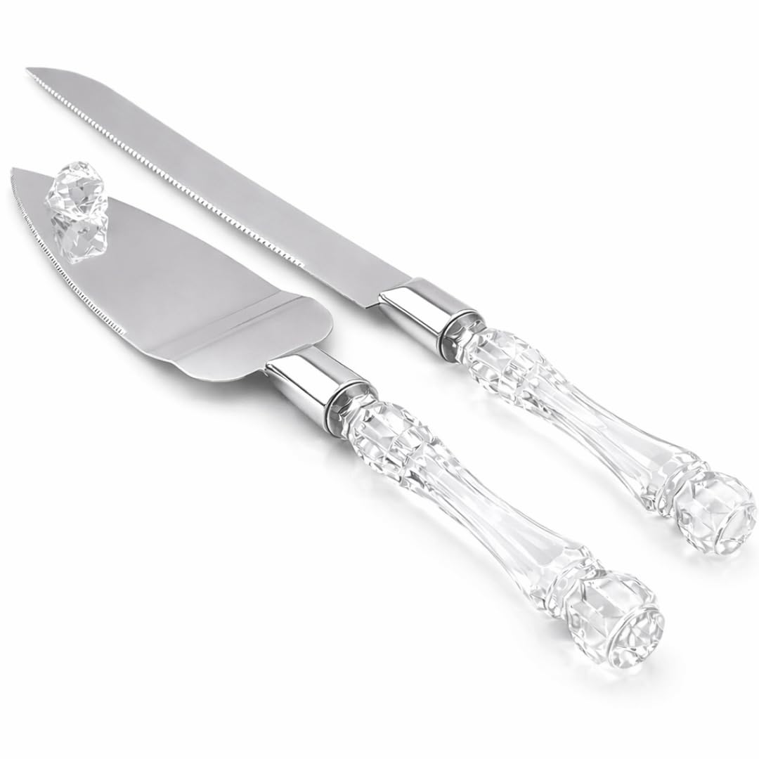 Adorox Elegant Cake Knife and Server Set Stainless Steel with Crystal Handle - Perfect for Weddings Anniversaries,and Special Celebrations (Sliver)
