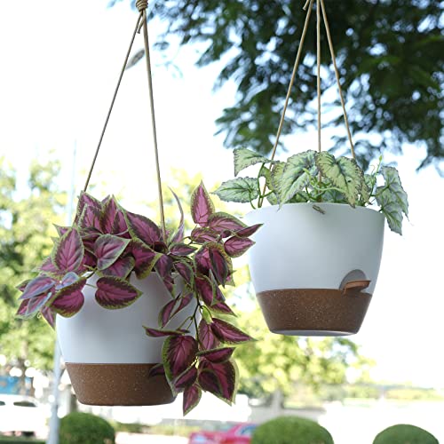 Swinduck 10 Inch Self Watering Hanging Pots, 2 Pack Hanging Planters With 40Oz Deep Reservior For Indoor Outdoor Plants Flowers, White With Brown #TOP4