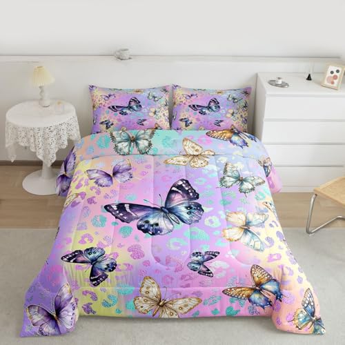 Image of Feelyou Colorful Butterfly Comforter Set Queen Rainbow Watercolor Printed Quilt Bedding for Girls Kids Bedroom Tie Dye Leopard Cheetah Teen Bed 1 and 2 Pillowcases