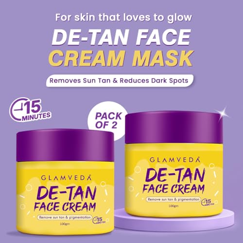 Image of Glamveda De Tan Cream Mask for Men & Women | Kojic Acid Face Pack for Tan Removal, Pigmentation & Sun Damage Care | Instant Brightening & Glow Boosting Formula for Radiant Skin | Suitable for All Skin Types | 100g Pack of 2