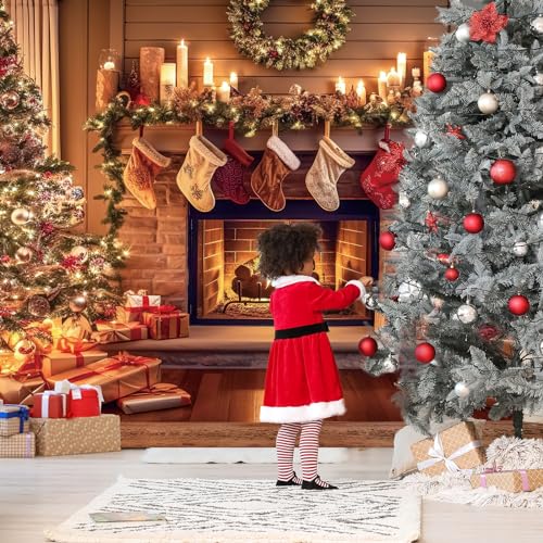 VitalCozy Christmas Fireplace Backdrop Christmas Xmas Tree Stocking Polyester Background Decoration for Photo Studio Props (8 x 6 ft)