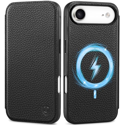 Housse cuir véritable iPhone Air 6,5 coque portefeuille mince noir grain litchi