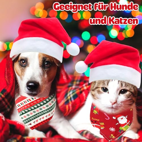 Scettar 2 Stücke Weihnachten Haustier Bandana Schal und 2 Stücke Weihnachtsmütze,Weihnachten Haustier Kostüm,Hund Halstuch für Kleine Mittelgroße Große Hunde Katzen