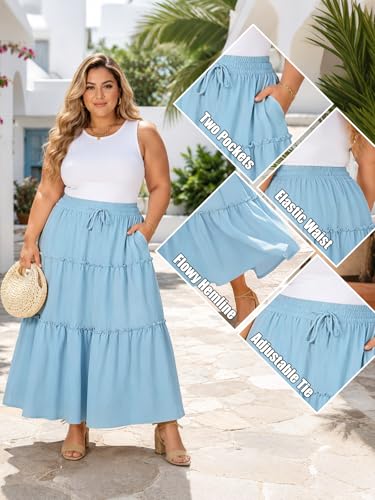 Image of Moon Wood Plus Size Maxi Skirts for Women Trendy Long Flowy Boho Tiered Skirt Renaissance Summer Beach Skirt with Pockets