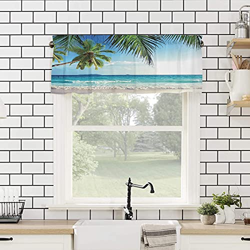 Valance Curtains For Kitchen Window, Palms Tree Ocean Tropical Sea Rod Pocket Valances Window Treatments Beach Theme Short Curtains For Bedroom/Living Room,54" X 18" -1 Panel, #TOP3