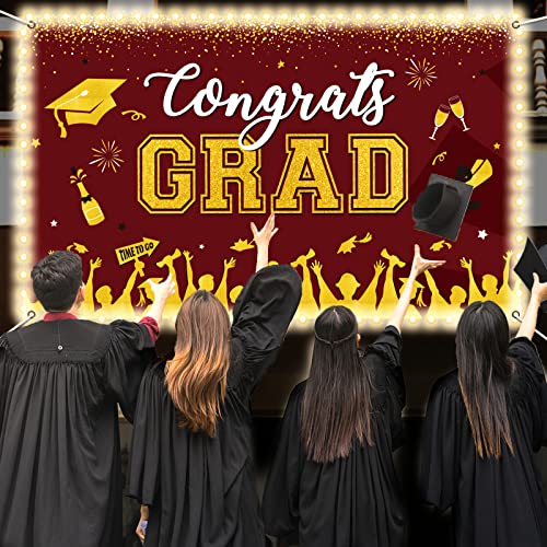 Image of Maroon Graduation Banner with Led-Light Strips Decor 71 inch x 43 inch Class of 2024 Congrats Grad Party Backdrop Decorations for 2024 Prom Graduation Party Background Supplies