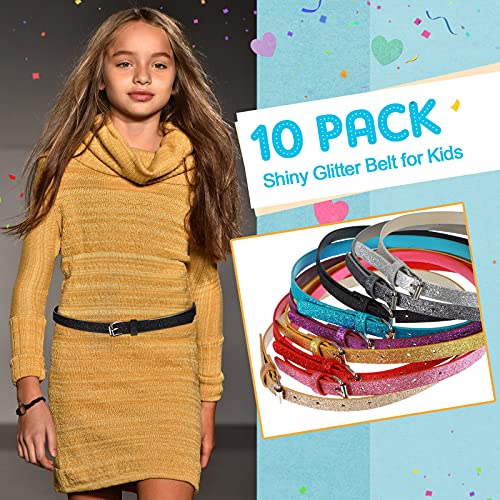 Satinior 10 Pieces Pu Leather Glitter Belts Cute Shiny Pu Leather Belts Girls Dress Belts Colorful Skinny Kids Belts For Girls (Small), Multicolor #TOP3