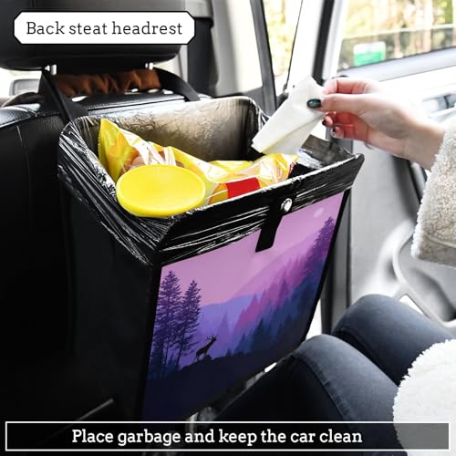 Image of Car Trash Can Organizer Bin with Adjustable Strap for Back Front Seat Console Waterproof Leakproof Collapsible Portable 8.66 Inch Purple Stag Mountains and Forest