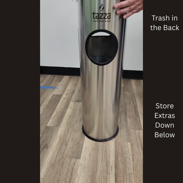 Image of Tazza Gym Equipment Wipe Dispenser with Stainless Steel Floor Stand, Built-in Trash Can, Fitness Equipment Wipes Holder, 1.5 Gallon, Silver