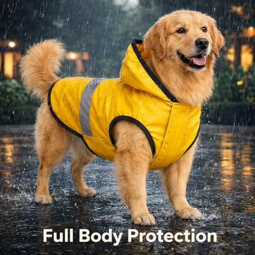 Image of Dog Raincoat Waterproof Jacket with Hood Reflective Strip Lightweight Windproof Pet Coat for Dogs Outdoor Walking Travel Rain Protection Easy Fit Comfortable Rainwear Bright Visible (Medium)