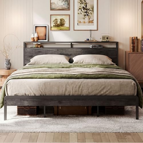 Image of LIKIMIO King Bed Frame with Headboard, Dark Wood Camas King with Strong Supports, Sturdy, Noise-Free, No Box Spring Needed, Grey