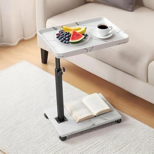 Adjustable Swivel Couch Tray Table with Braked Casters - 360° Rotating C-Shaped Side Table, Under-Sofa Rolling TV Stand for Living Room/Bedroom (White Marble Finish)